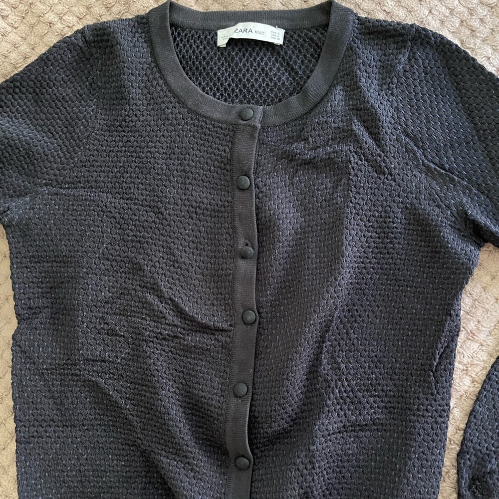 ZARA Textured Knit Black & Blue Short Cardigan